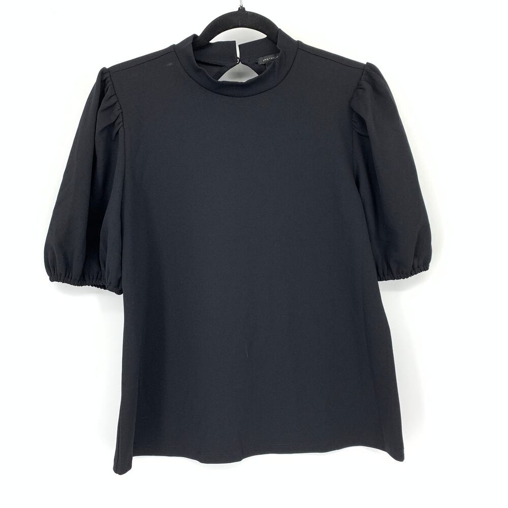 Ann Taylor Puff Sleeve Blouse Womens Sz Medium Black High Neck Keyhole Back NEW